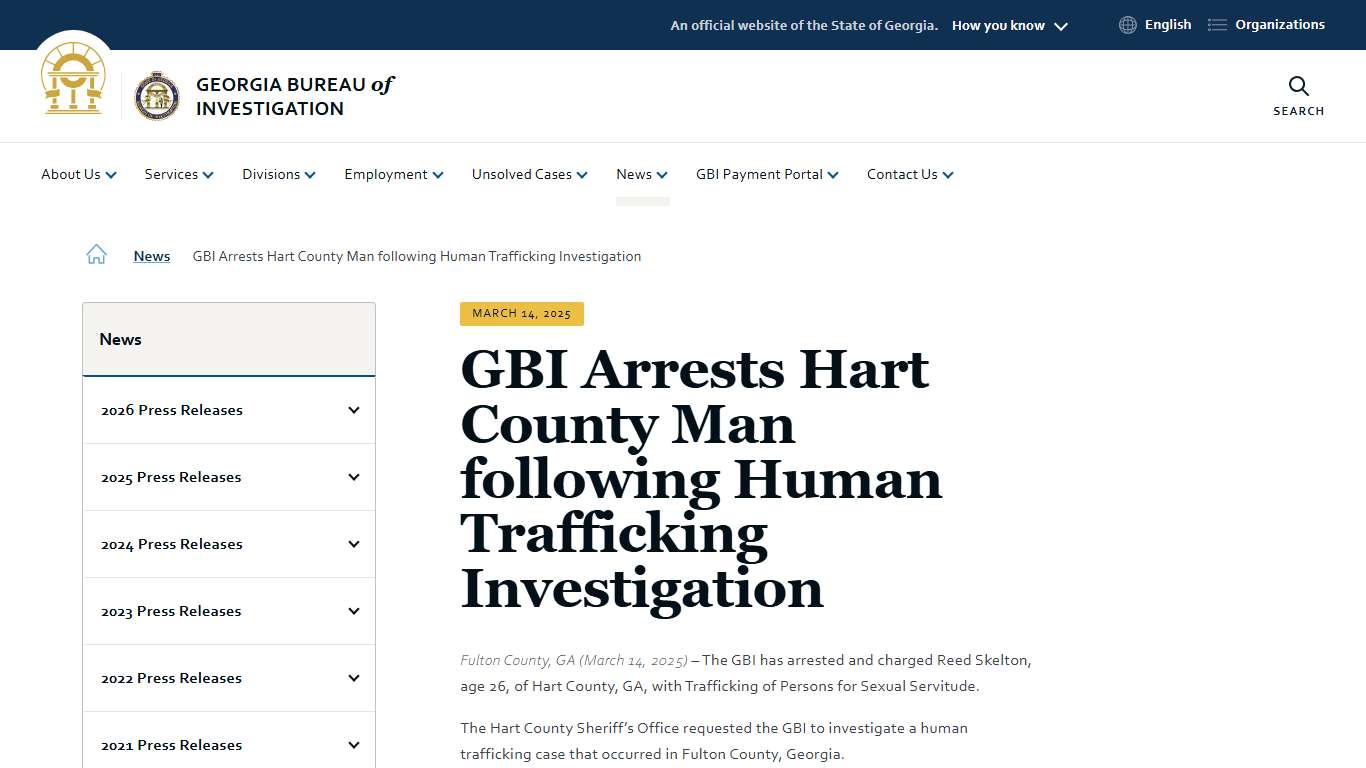 GBI Arrests Hart County Man following Human Trafficking Investigation Georgia Bureau of Investigation